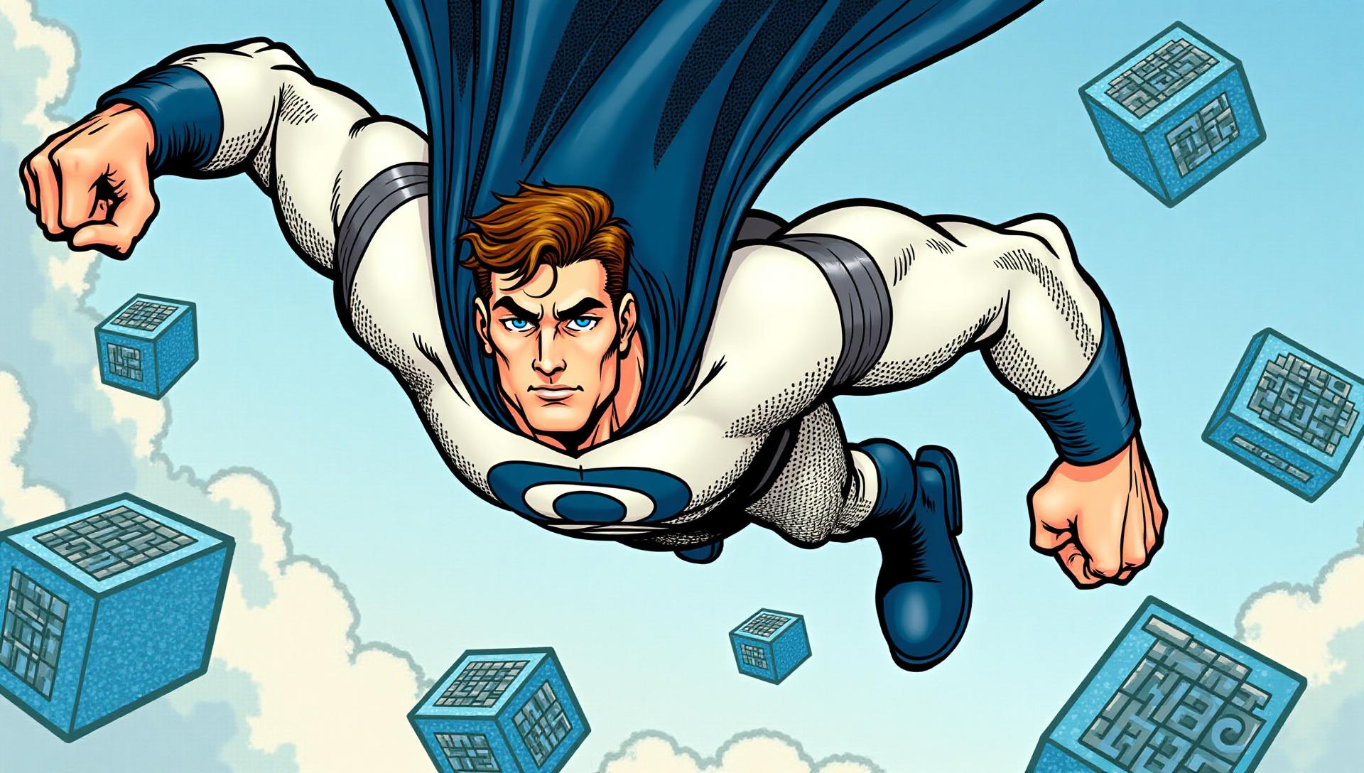 Comic-book hero flying through the clouds surrounded by data blocks