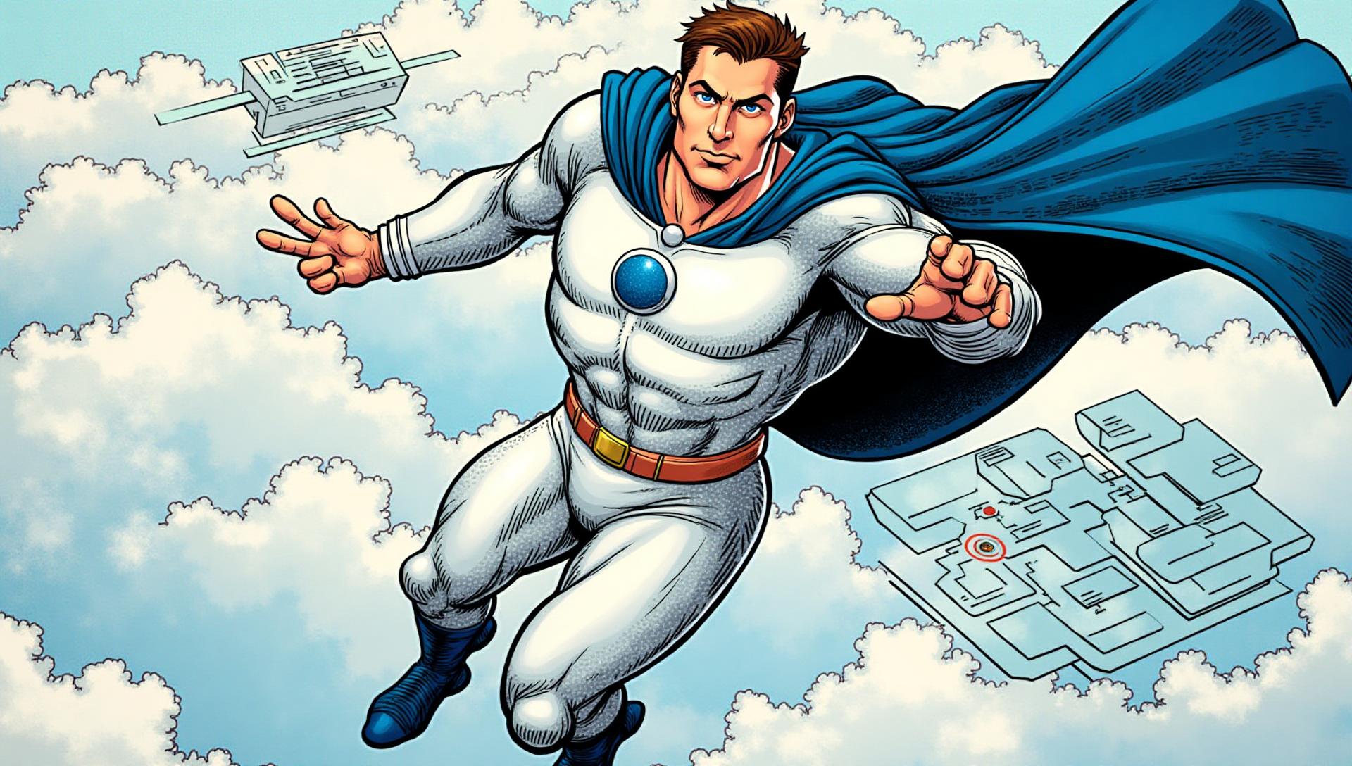 Comic-book executive hero flying above the clouds with a strategic blueprint