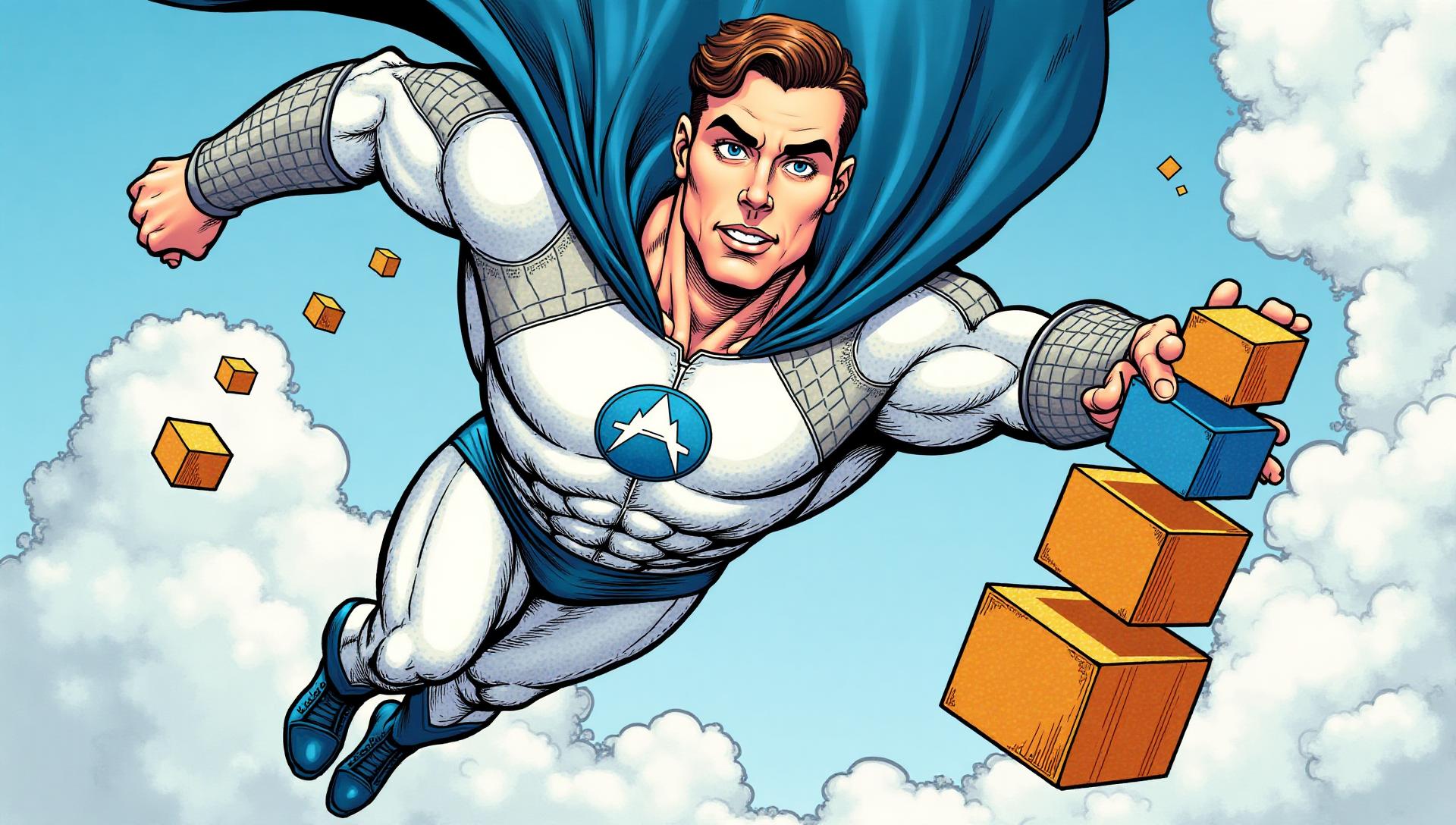 Comic-book hero soaring through the clouds carrying building blocks