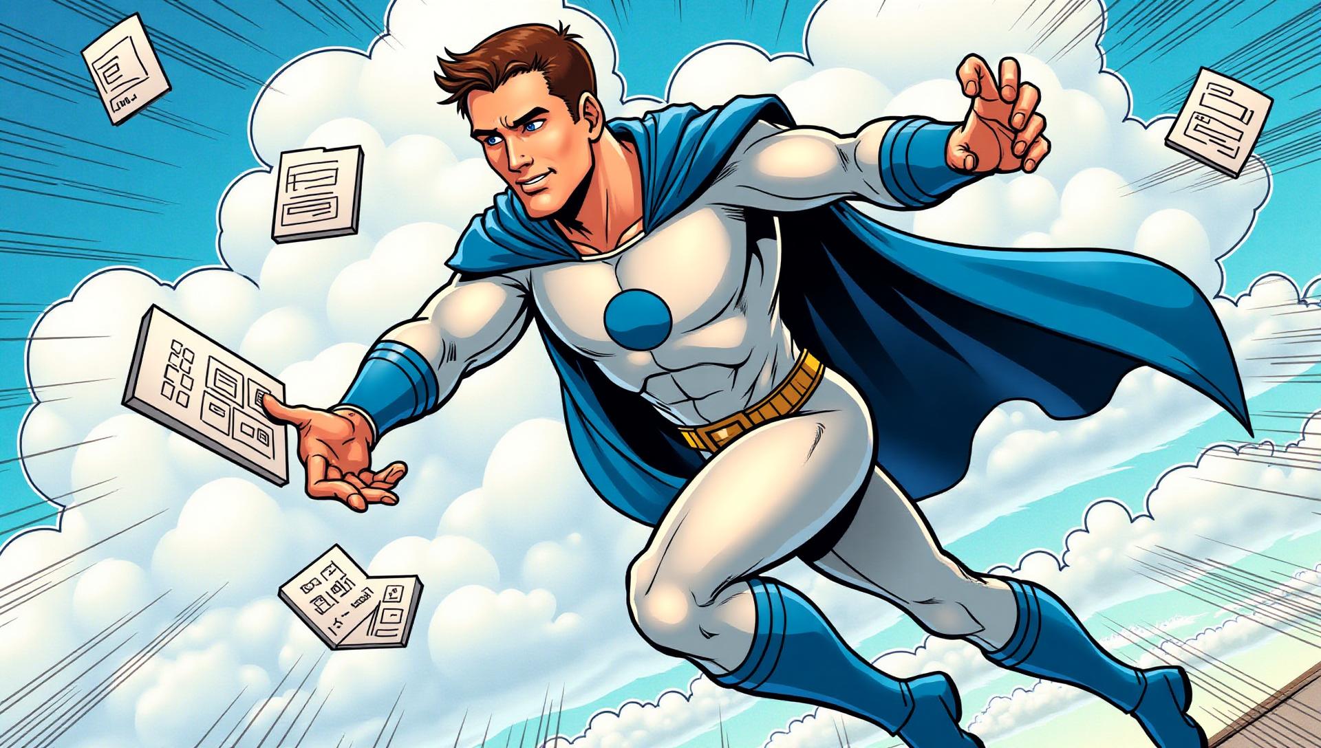 Comic-book hero assembling web page panels in the sky